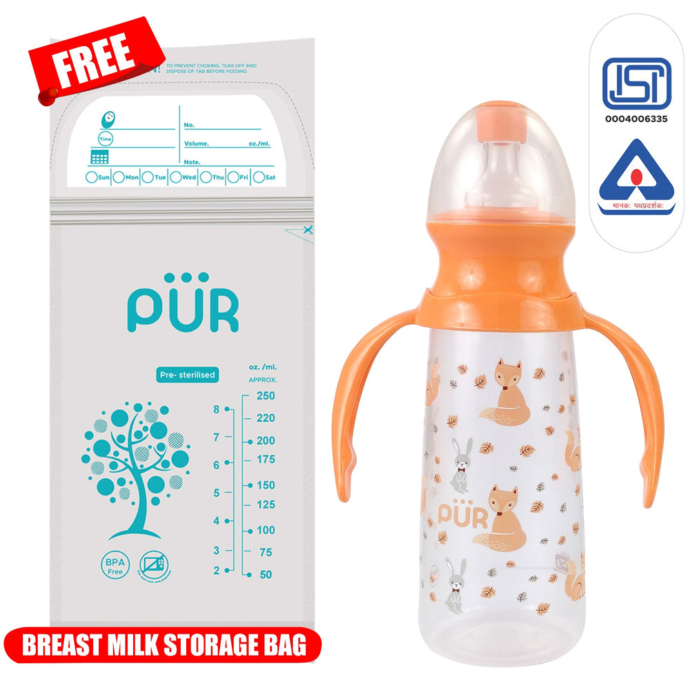 PUR 1104 Baby Feed Bottle, Silicon Feeding Bottle with with Handle & Sipper, Anti Colic System for New Born Babies| Kids of 3+ Months (8oz./ 250ml, Orange)