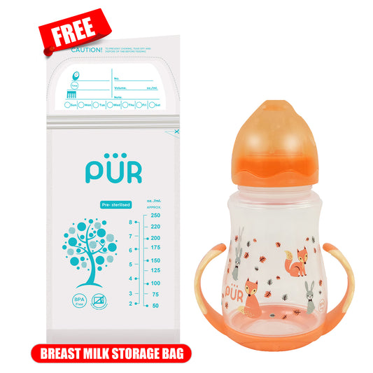 PUR Anti Colic Feeding Bottle with Grip Handle (250ml, Orange)