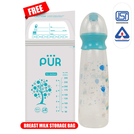 PUR Anti Colic Slim Neck Feeding Bottle with Free Milk Storage Bag (250ml, Green)