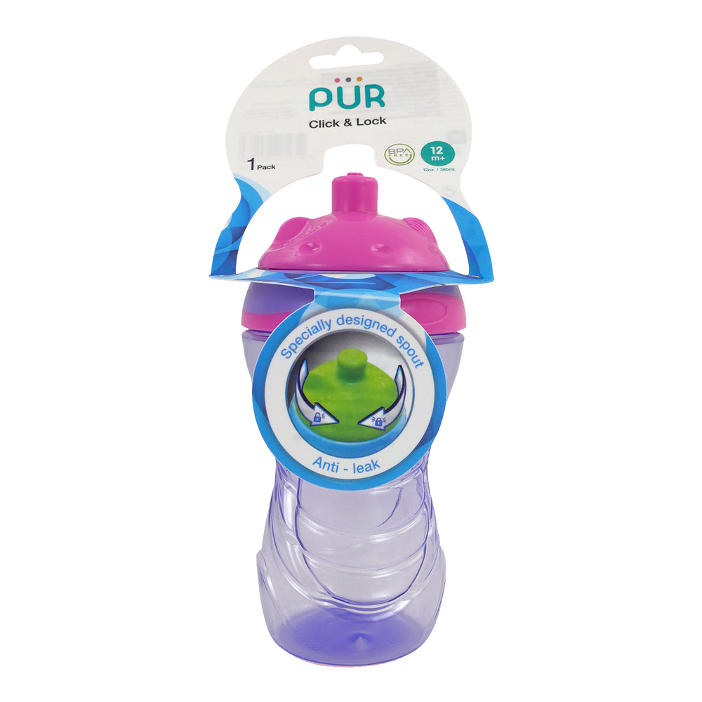 PUR 5508 Click & Lock Sippy Cup for Baby & Toddler, Leak Proof, 100% BPA Free, Easy to Hold, Frim Grip Sipper Bottle for Kids 360ml / 12oz (Pink, 12+ Months)