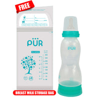 PUR Anti Colic Straight Feeding Bottle with Free Milk Storage Bag for Baby, BPA Free Baby Feeding Bottle, Feeding Bottle, Bottle for Baby, Milk Feeding Bottle, Feeding Bottle for Baby, Bottle with Nipple (250ml, Green)