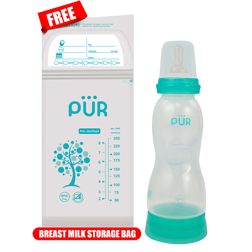 PUR Anti Colic Straight Feeding Bottle with Free Milk Storage Bag for Baby, BPA Free Baby Feeding Bottle, Feeding Bottle, Bottle for Baby, Milk Feeding Bottle, Feeding Bottle for Baby, Bottle with Nipple (250ml, Green)