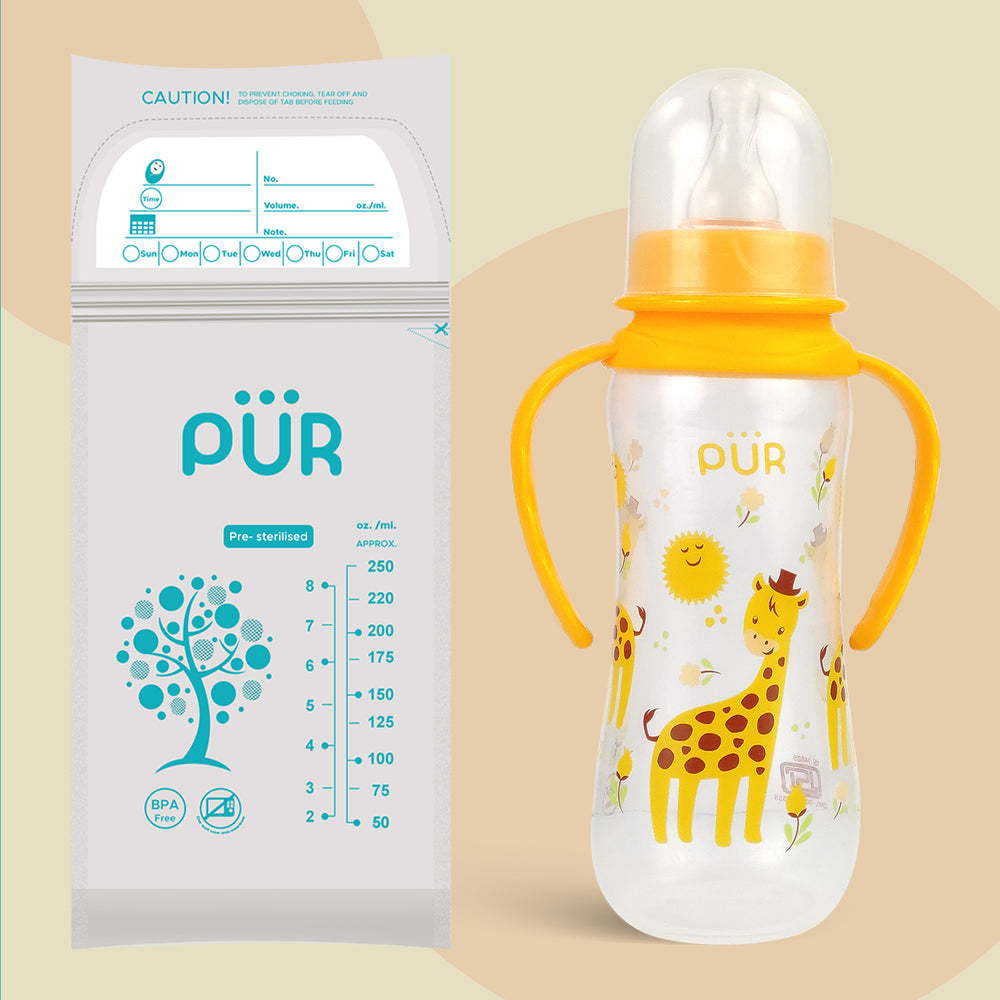 PUR Anti Colic Slim Neck Feeding Bottle with Grip Handle for Baby with Free Milk Storage Bag, BPA Free Baby Feeding Bottle, Feeding Bottle, Bottle for Baby, Milk Feeding Bottle, Feeding Bottle for Baby, Bottle with Nipple (250ml, Yellow)