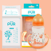PUR Anti Colic Feeding Bottle with Grip Handle for Baby with Free Milk Storage Bag, BPA Free Baby Feeding Bottle, Feeding Bottle, Bottle for Baby, Milk Feeding Bottle, Feeding Bottle for Baby, Bottle with Nipple (250ml, Orange)