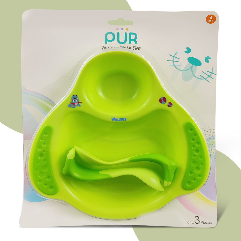 PUR Walrus Plate Set for Baby, Plate set for baby, Feeding Set for Baby, Baby Feeding Set, Plate and Spoon Set for Baby Above 6 Montes (Green)