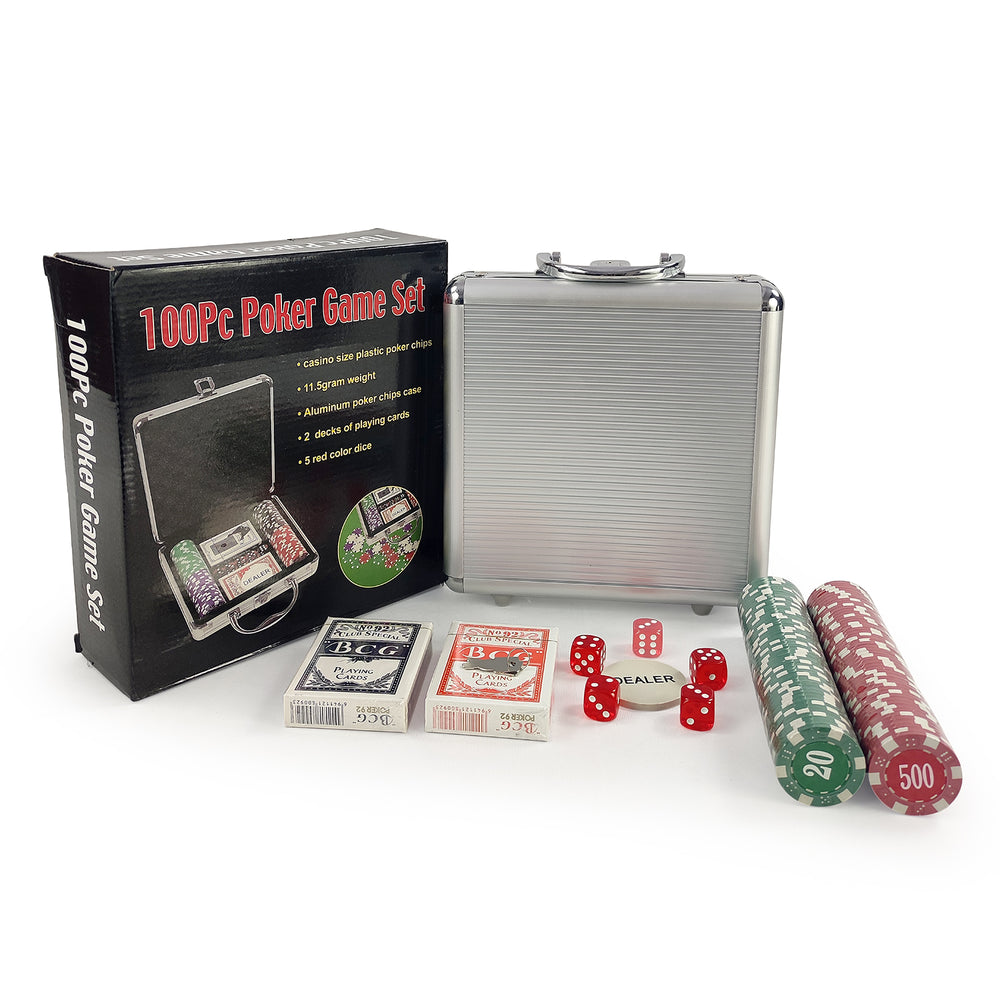NHR Board Games Professional Casino Grade 100 Chips, 2 deck of Playing Cards, 1 Dealer Chip, 5 dice For Texas Hold'em, and Blackjack in Lockable Aluminium Hard Case Poker Set- Poker Game, Casino Poker Chips, Casino Game, Poker Chip Set, Multicolor