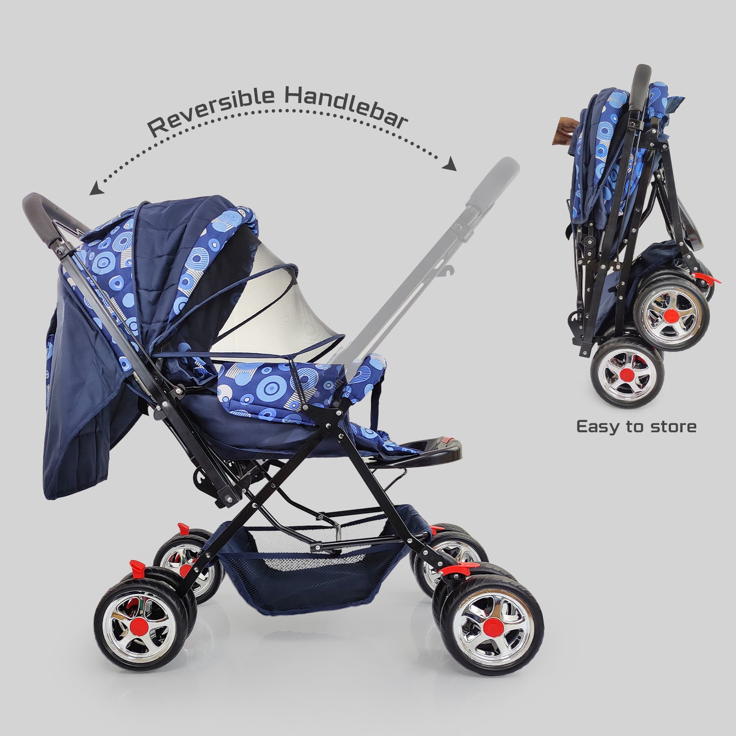 NHR Foldable Pram with 3 Recline Positions, Reversible Handlebar (Choose Any Color)