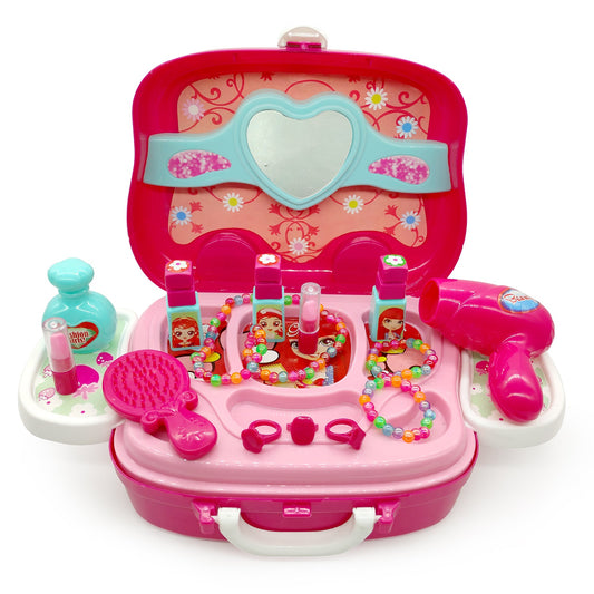 NHR Plastic Beauty Makeup Case and Cosmetic Set Wheel Suitcase for Girls (18 Pieces, Pink)