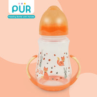 PUR Anti Colic Feeding Bottle with Grip Handle for Baby with Free Milk Storage Bag, BPA Free Baby Feeding Bottle, Feeding Bottle, Bottle for Baby, Milk Feeding Bottle, Feeding Bottle for Baby, Bottle with Nipple (250ml, Orange)