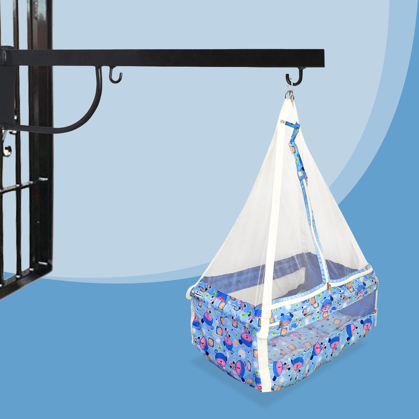 NHR New Born Baby Cotton Hanging Cradle Jhula with Mosquito Net and Spring - Blue