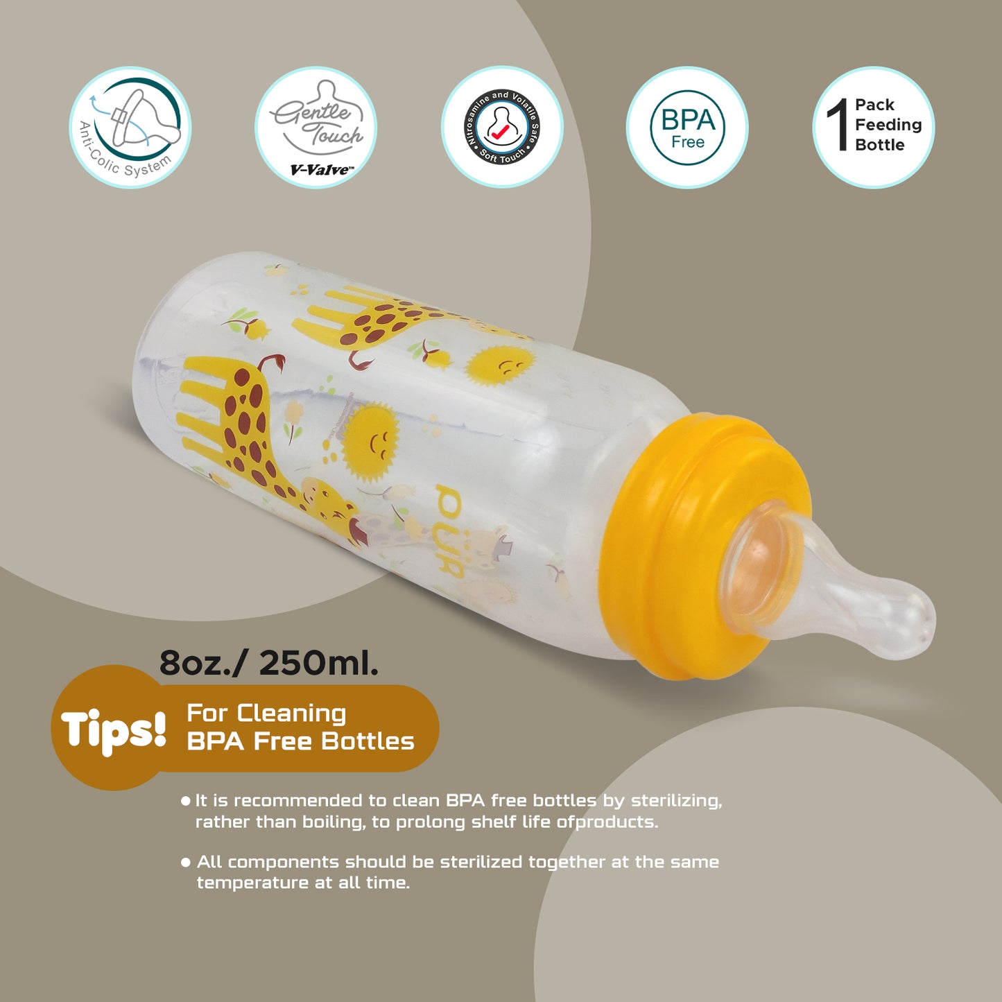 PUR Anti Colic Feeding Bottle with Free Milk Storage Bag (250ml, Yellow)