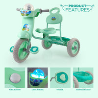 
              Dash Vega Musical Tricycle with Storage Basket and Lights Kid's for 1-3 Years Baby Trike Ride on Outdoor, Suitable for Babies, Boys & Girls (Green)
            