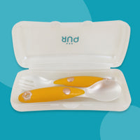 PUR Cutlery Set with Travel Case for Baby, Cutlery Set for baby, Baby Spoon, Baby Feeding Set, Spoon and Fork for Baby for 6+ Months (Yellow)
