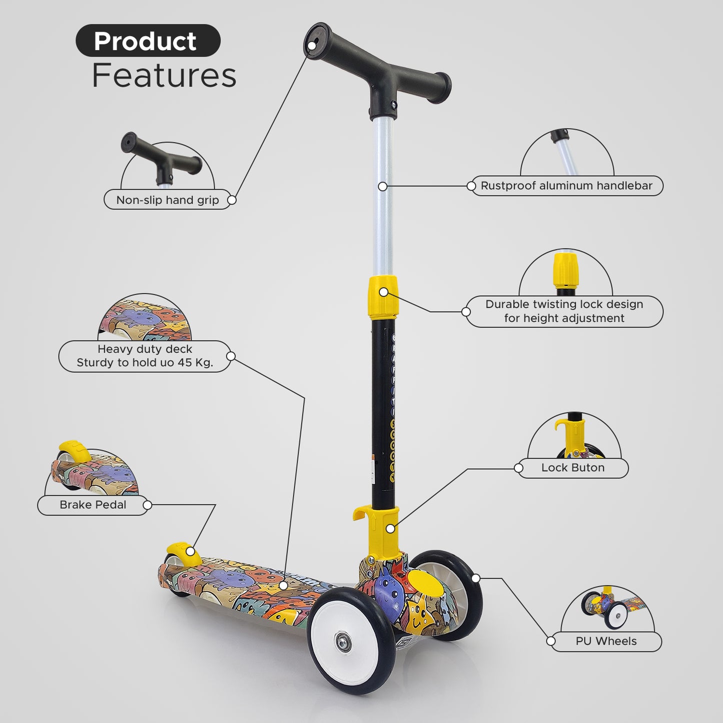 NHR Graffiti Scooter: 3-Wheel Adjustable for Kids 3-10 (Multicolor)