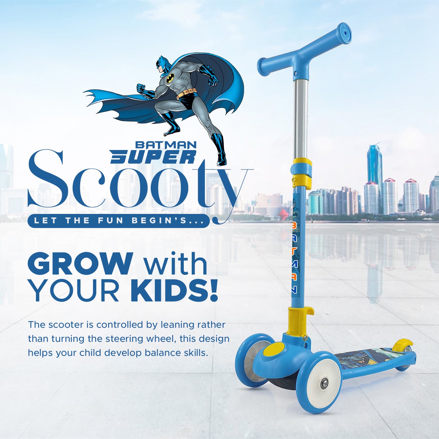 Batman Smart Kick Scooter for Kids with Adjustable & Foldable (Blue)