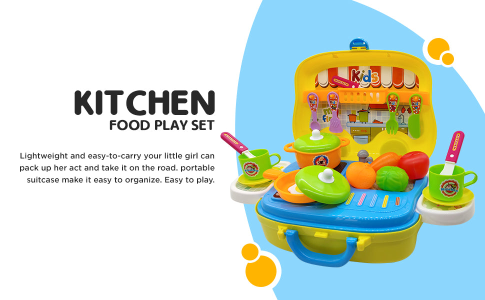 NHR Plastic Pretend Play Kitchen Food Set with Wheel Suitcase for Girls (26 Pieces, Multicolor)