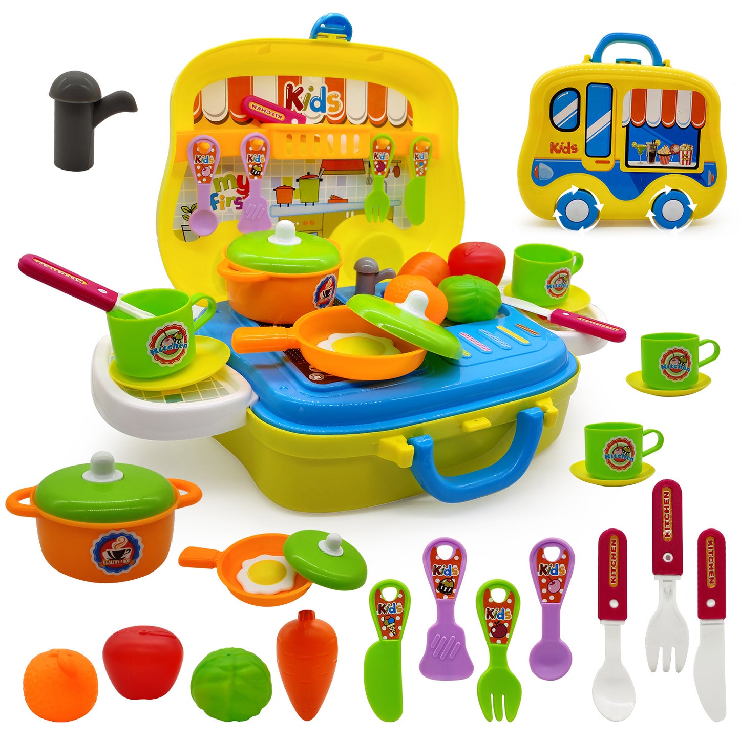 NHR Plastic Pretend Play Kitchen Food Set with Wheel Suitcase for Girls (26 Pieces, Multicolor)